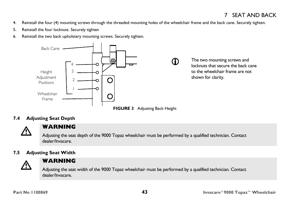 Reinstall the four locknuts. securely tighten, Height adjustment positions, 4 adjusting seat depth | Warning, 5 adjusting seat width | Invacare 9000 Topaz User Manual | Page 43 / 68