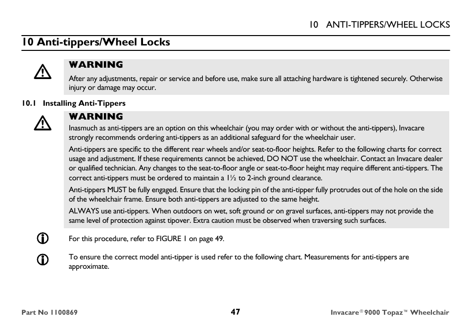 10 anti-tippers/wheel locks, Warning, 1 installing anti-tippers | Invacare 9000 Topaz User Manual | Page 47 / 68