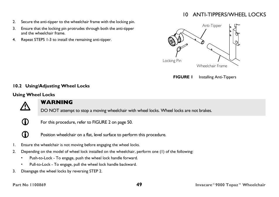 Locking pin, Figure 1 installing anti-tippers, 2 using/adjusting wheel locks | Using wheel locks, Warning, Disengage the wheel locks by reversing step 2 | Invacare 9000 Topaz User Manual | Page 49 / 68