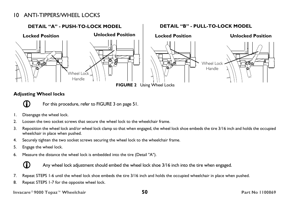 Detail “a” - push-to-lock model, Adjusting wheel locks, Disengage the wheel lock | Engage the wheel lock, Repeat steps 1-7 for the opposite wheel lock, 10 anti-tippers/wheel locks | Invacare 9000 Topaz User Manual | Page 50 / 68