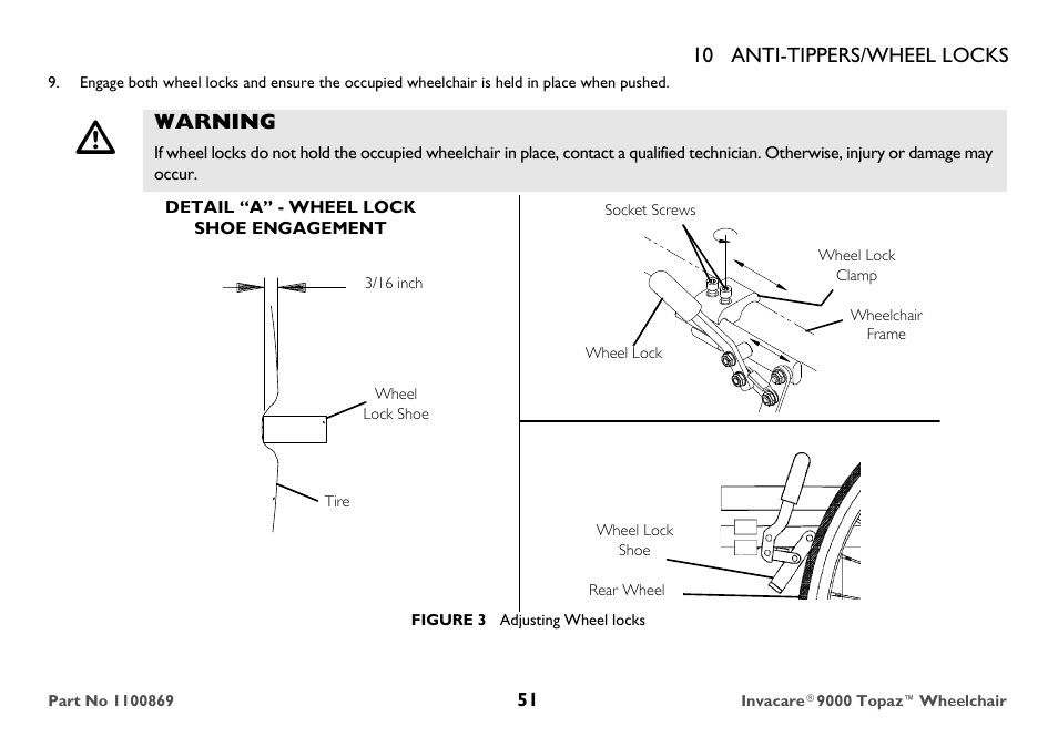 Warning, Detail “a” - wheel lock shoe engagement | Invacare 9000 Topaz User Manual | Page 51 / 68