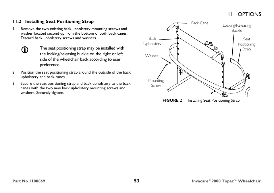 2 installing seat positioning strap, Back upholstery, Figure 2 installing seat positioning strap | 11 options | Invacare 9000 Topaz User Manual | Page 53 / 68