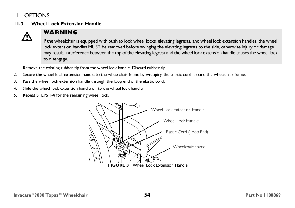 3 wheel lock extension handle, Warning, Repeat steps 1-4 for the remaining wheel lock | Elastic cord (loop end) | Invacare 9000 Topaz User Manual | Page 54 / 68