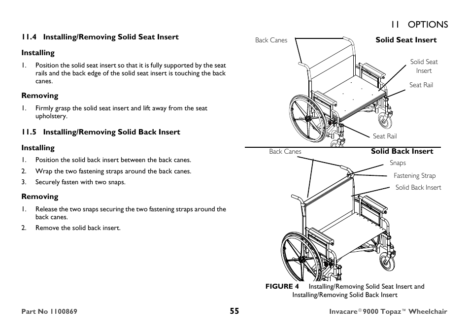 4 installing/removing solid seat insert, Installing, Removing | 5 installing/removing solid back insert, Securely fasten with two snaps, Remove the solid back insert, Back canes, 11 options | Invacare 9000 Topaz User Manual | Page 55 / 68