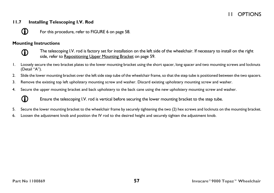 7 installing telescoping i.v. rod, Mounting instructions | Invacare 9000 Topaz User Manual | Page 57 / 68