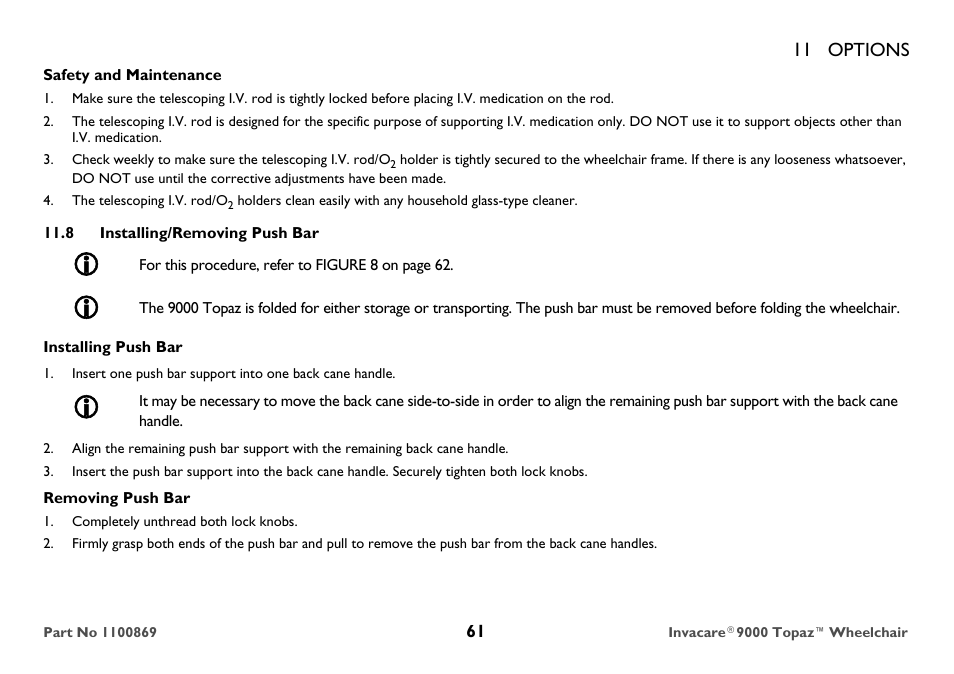 Safety and maintenance, 8 installing/removing push bar, Installing push bar | Removing push bar, Completely unthread both lock knobs, 11 options | Invacare 9000 Topaz User Manual | Page 61 / 68