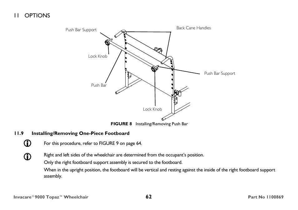 Push bar support, 9 installing/removing one-piece footboard | Invacare 9000 Topaz User Manual | Page 62 / 68