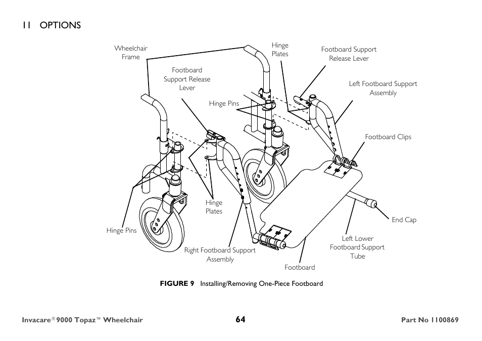 Footboard support release lever, 11 options | Invacare 9000 Topaz User Manual | Page 64 / 68