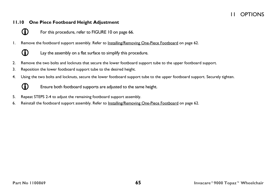 10 one piece footboard height adjustment | Invacare 9000 Topaz User Manual | Page 65 / 68