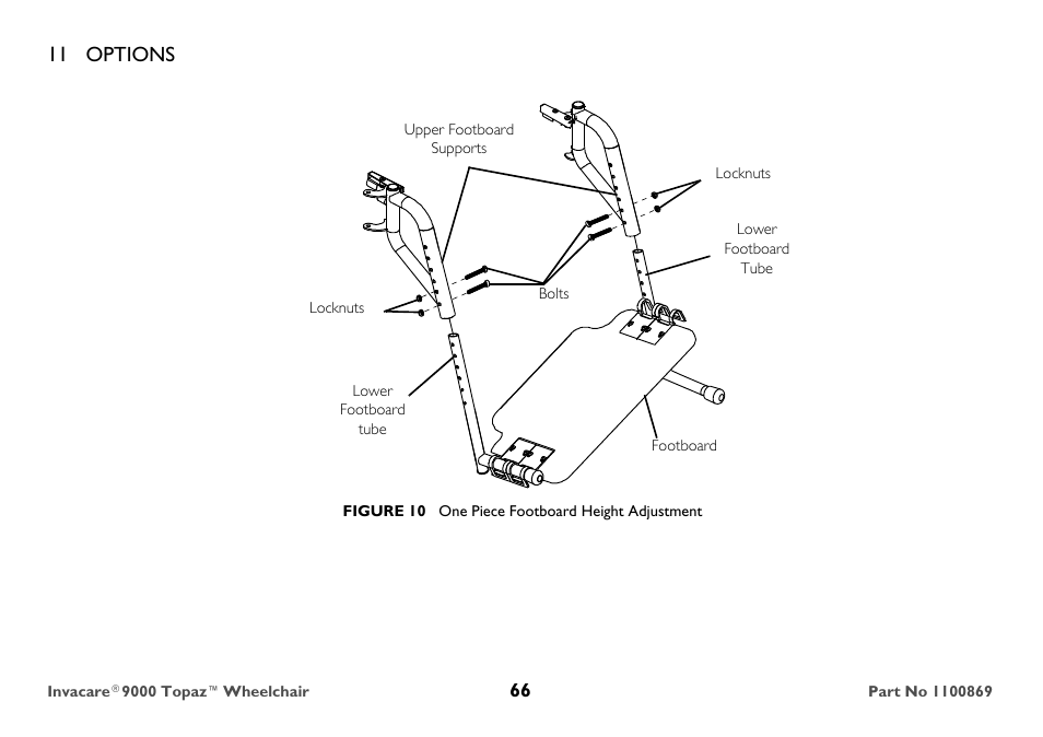 Upper footboard supports, 11 options | Invacare 9000 Topaz User Manual | Page 66 / 68