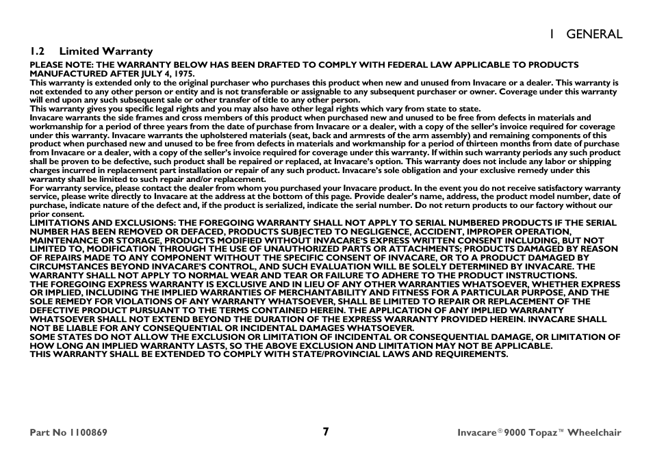 2 limited warranty, 1 general | Invacare 9000 Topaz User Manual | Page 7 / 68