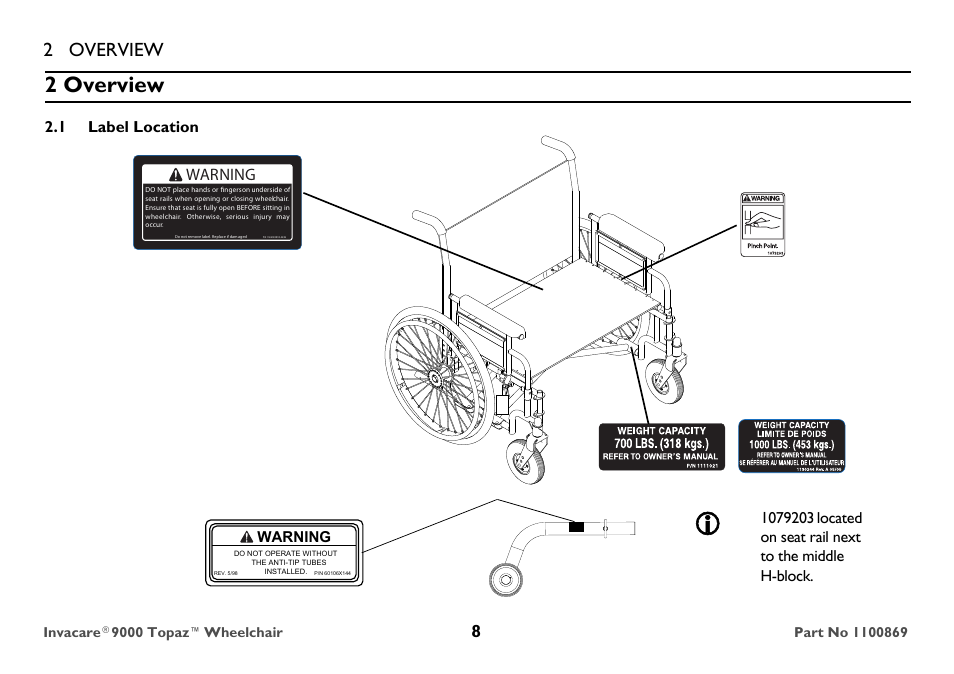 2 overview, 1 label location, Warning | Invacare 9000 Topaz User Manual | Page 8 / 68