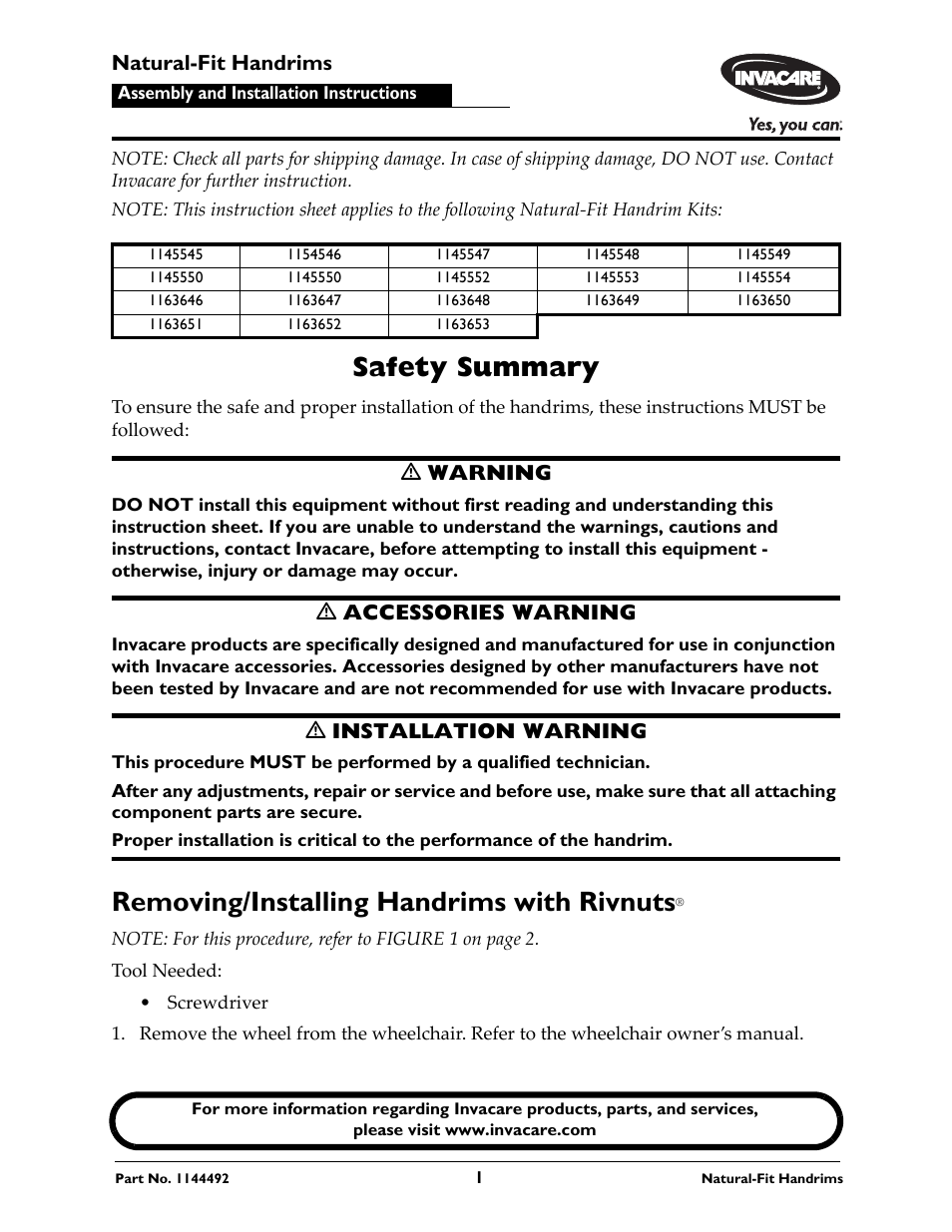 Invacare 1144492 User Manual | 4 pages