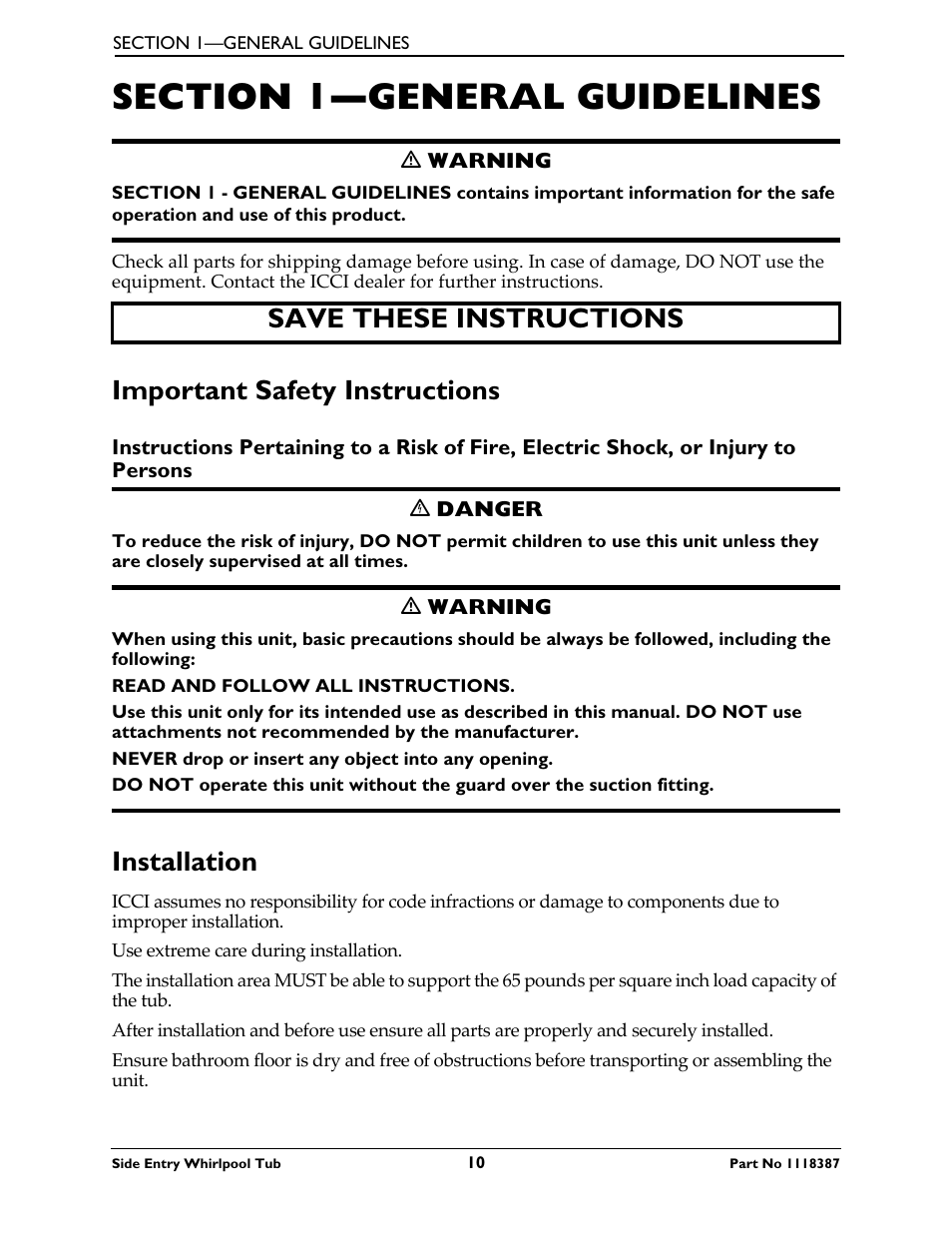 Section 1—general gu, Important safety instructions, Installation | Save these instructions | Invacare 3600XL User Manual | Page 10 / 36