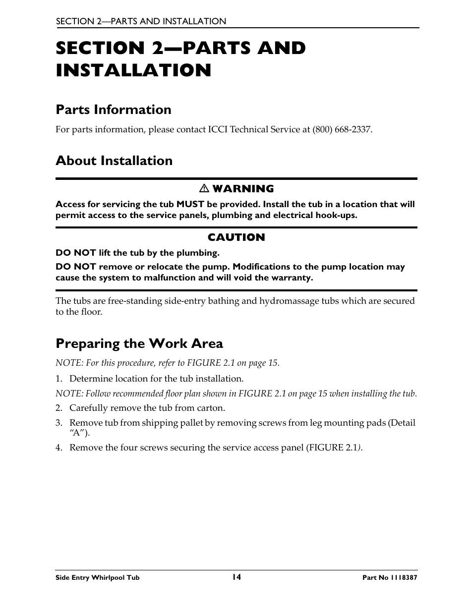 Section 2—parts and installation, Parts information, About installation | Preparing the work area | Invacare 3600XL User Manual | Page 14 / 36