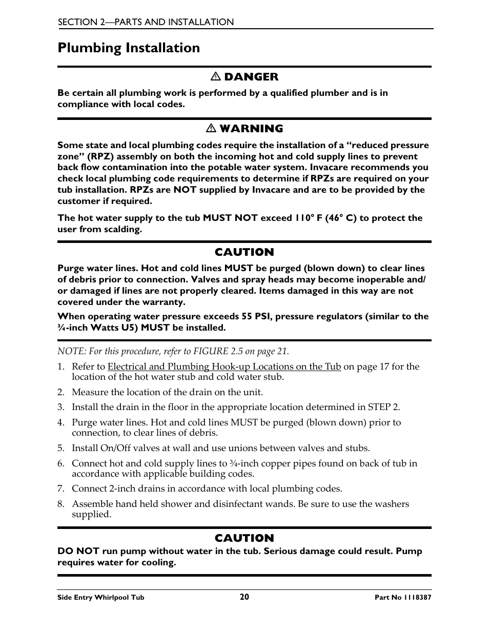 Plumbing installation | Invacare 3600XL User Manual | Page 20 / 36
