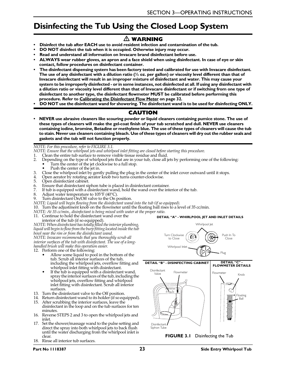 Disinfecting the tub using the closed loop system, Warning, Caution | Invacare 3600XL User Manual | Page 23 / 36