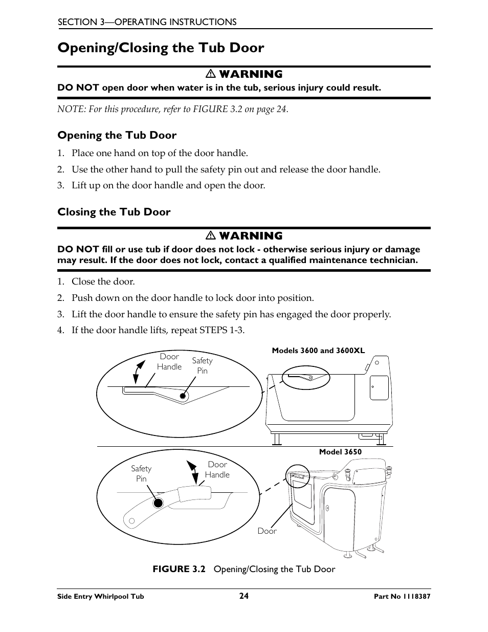 Opening/closing the tub door, Opening the tub door closing the tub door | Invacare 3600XL User Manual | Page 24 / 36