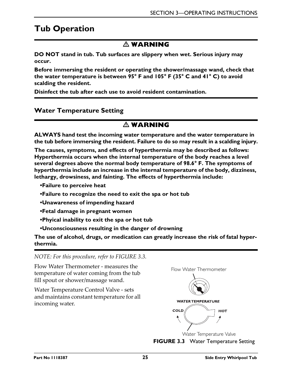 Tub operation, Water temperature setting | Invacare 3600XL User Manual | Page 25 / 36