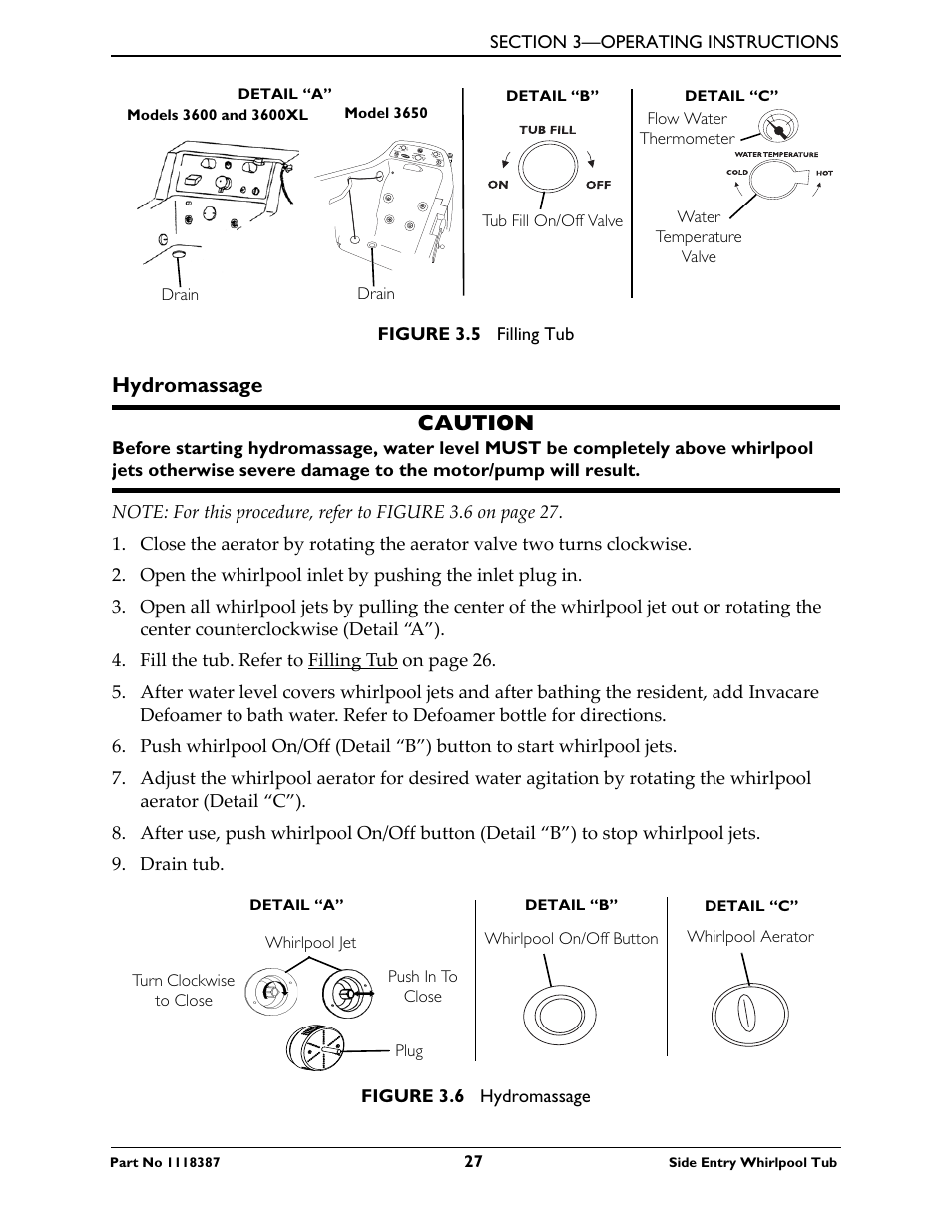 Hydromassage, Hydromassage caution | Invacare 3600XL User Manual | Page 27 / 36