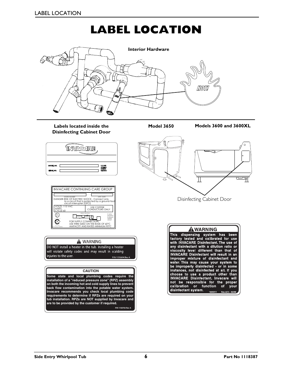 Label location, Disinfecting cabinet door, Side entry whirlpool tub | Ohfwultxh 3orpehulh, Uhhq *urxqg (ohfwulfdo 3oxpelqj 157, Gurpdvvdjh %dwkwxe - /,67(' 5, Klwh 1hxwudo %odfn +rw | Invacare 3600XL User Manual | Page 6 / 36