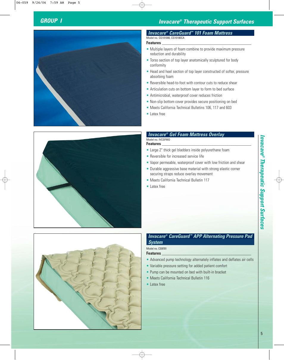 Invacare, Therapeutic support surfaces group i invacare, Therapeutic support surfaces | Careguard, 101 foam mattress, Gel foam mattress overlay, App alternating pressure pad system | Invacare CG10180CA User Manual | Page 5 / 12