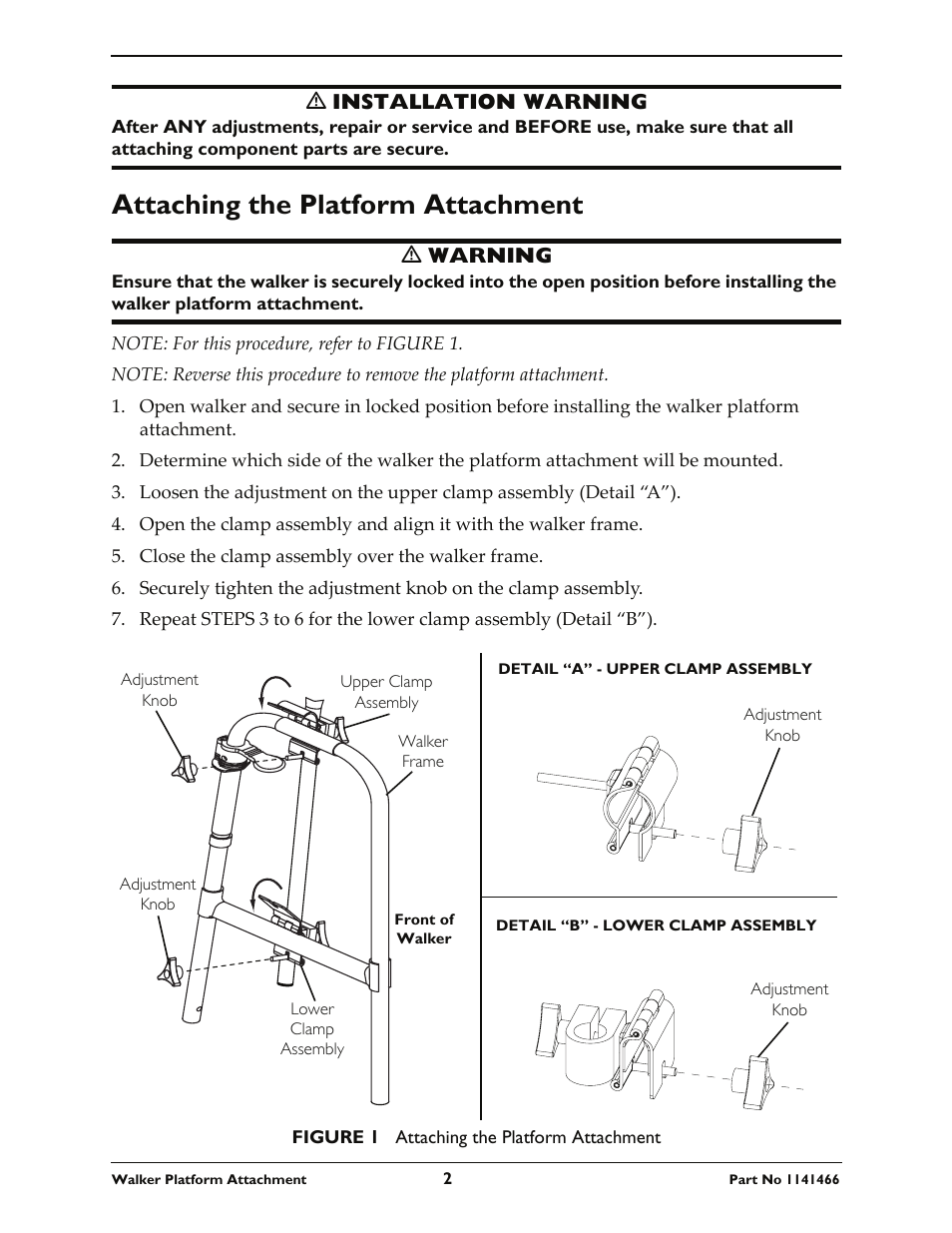 Attaching the platform attachment, Ƽ installation warning, Ƽ warning | Invacare 6027 User Manual | Page 2 / 8