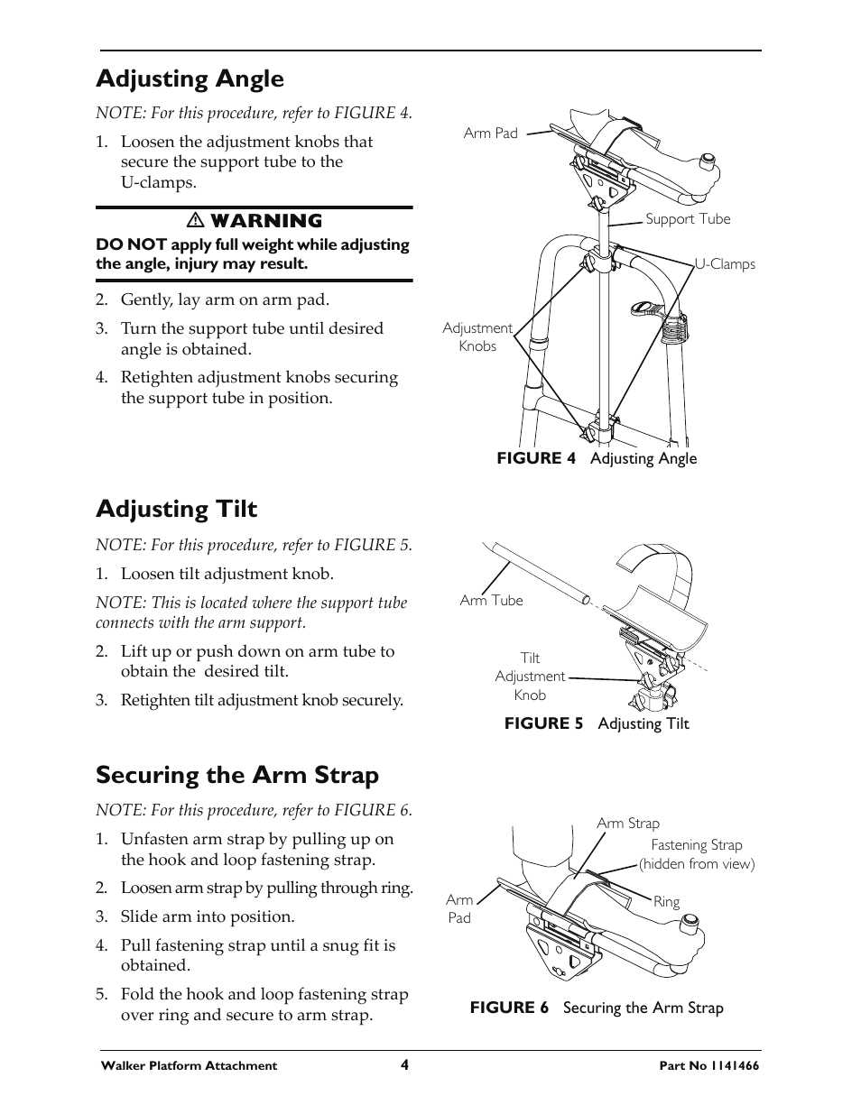 Adjusting angle, Adjusting tilt, Securing the arm strap | Invacare 6027 User Manual | Page 4 / 8