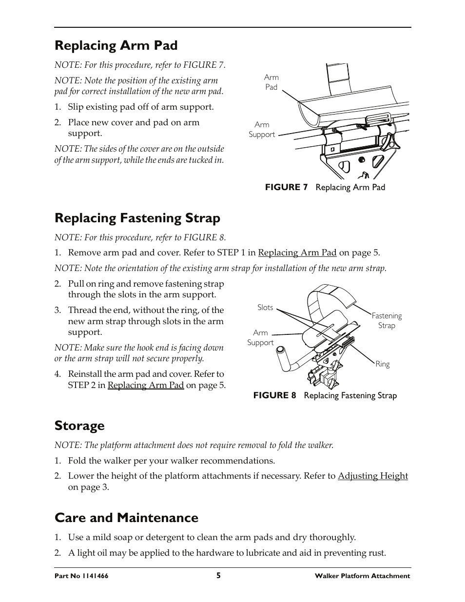 Replacing arm pad, Replacing fastening strap, Storage | Care and maintenance | Invacare 6027 User Manual | Page 5 / 8