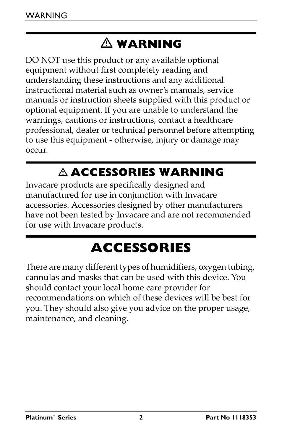 Accessories, Warning, Accessories warning | Invacare IRC10LX User Manual | Page 2 / 32