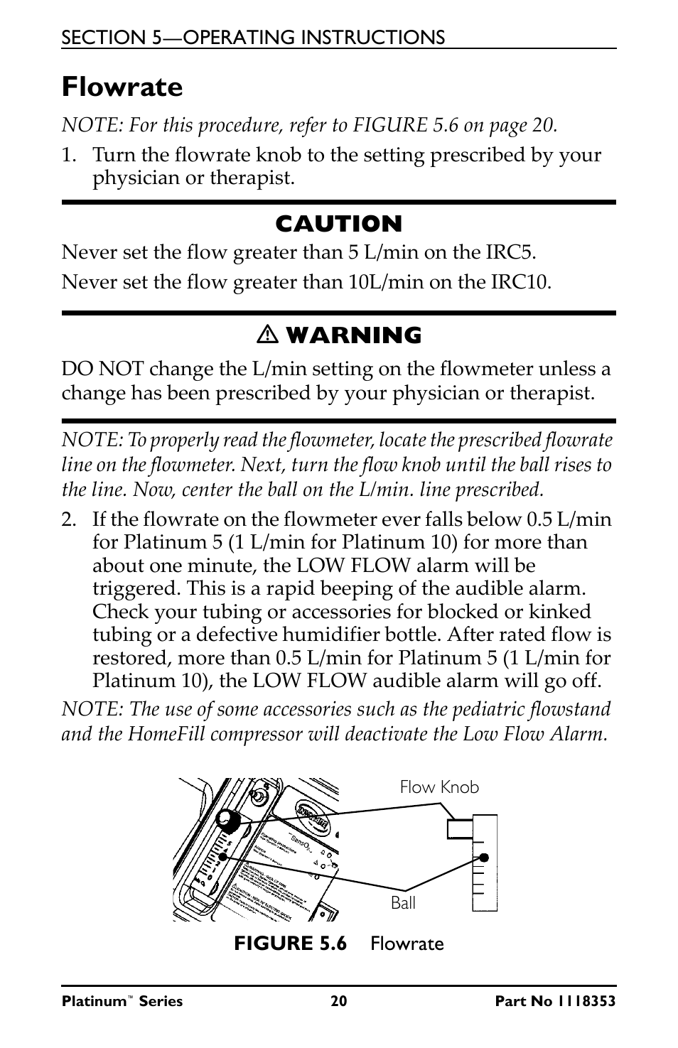 Flowrate, Caution, Ƽ warning | Invacare IRC10LX User Manual | Page 20 / 32