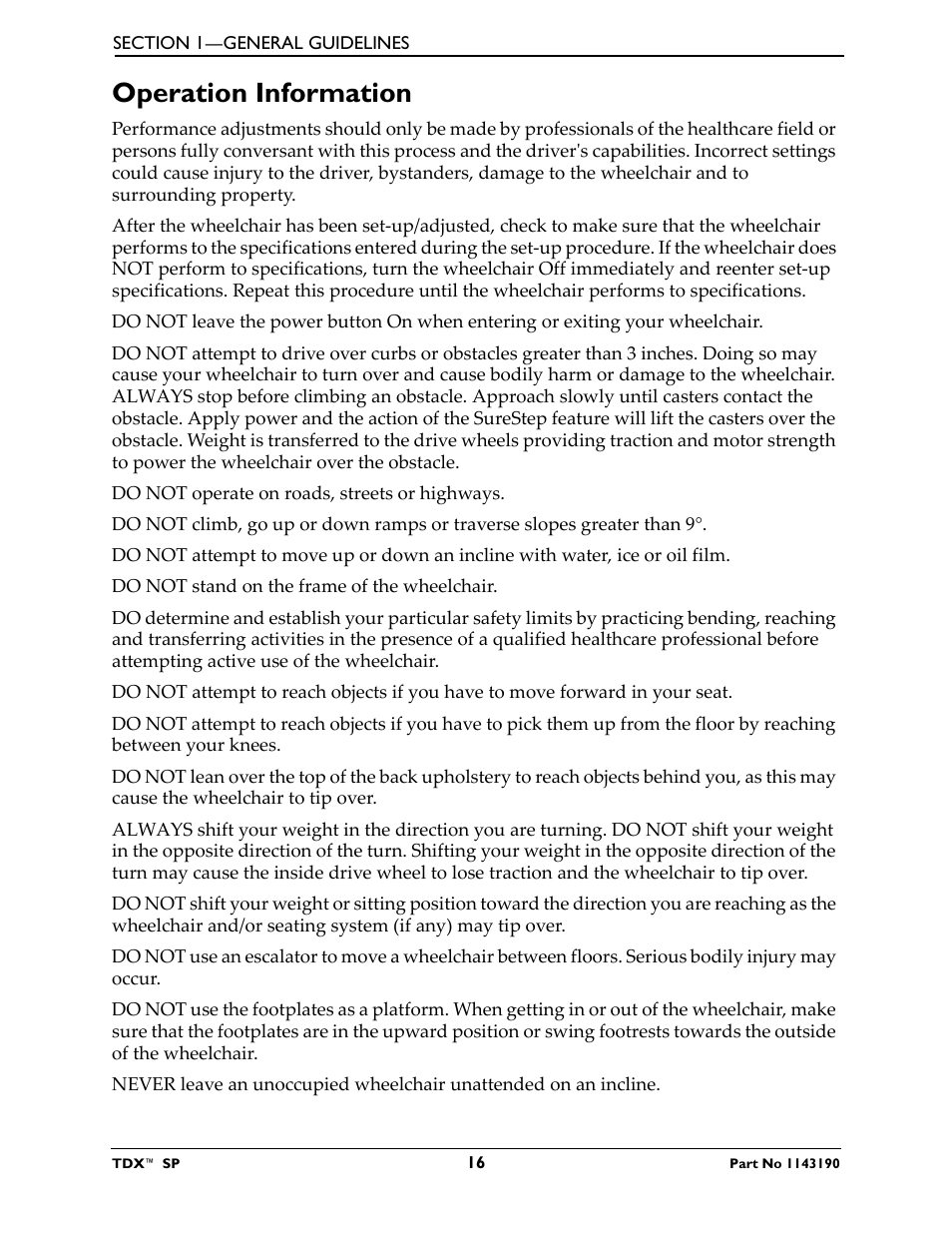 Operation information | Invacare TDX SP User Manual | Page 16 / 72