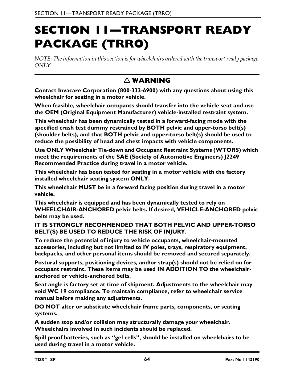 Section 11—transport ready package (trro) | Invacare TDX SP User Manual | Page 64 / 72