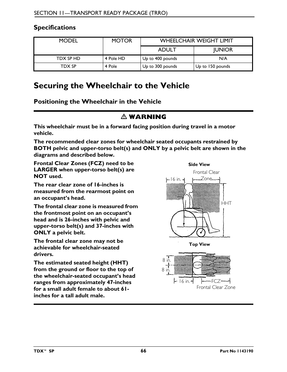 Specifications, Securing the wheelchair to the vehicle, Positioning the wheelchair in the vehicle | Invacare TDX SP User Manual | Page 66 / 72