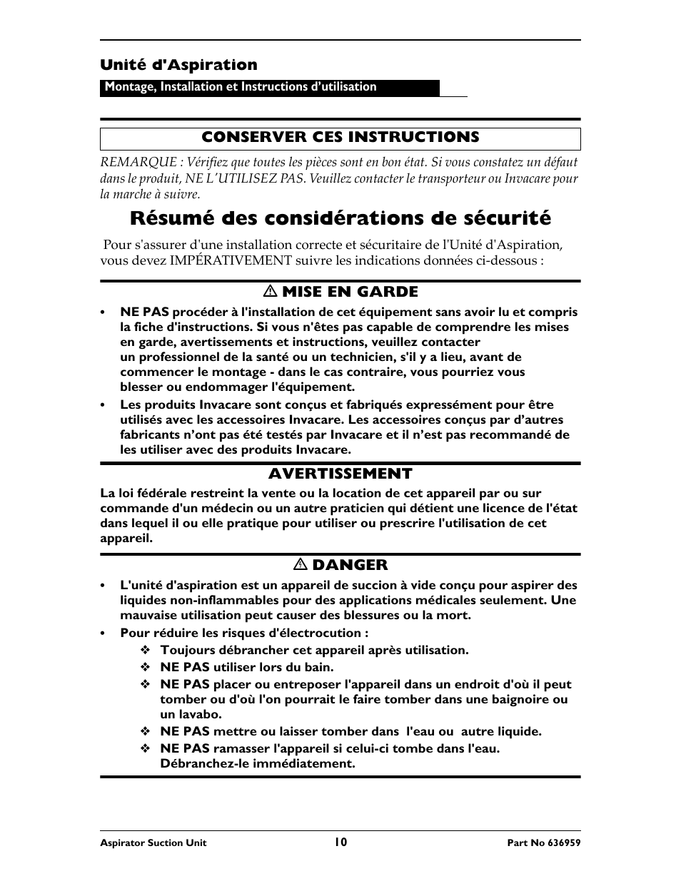 Unité d'aspiration, Conserver ces instructions, Résumé des considérations de sécurité | M mise en garde, Avertissement, C danger, Pour réduire les risques d'électrocution, Toujours débrancher cet appareil après utilisation, Ne pas utiliser lors du bain | Invacare 636959 User Manual | Page 10 / 32