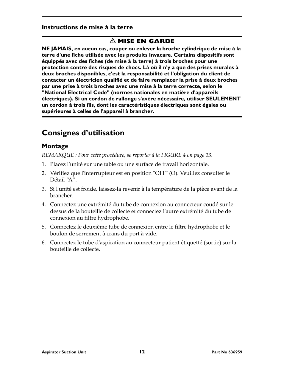 Instructions de mise à la terre, M mise en garde, Consignes d’utilisation | Montage | Invacare 636959 User Manual | Page 12 / 32