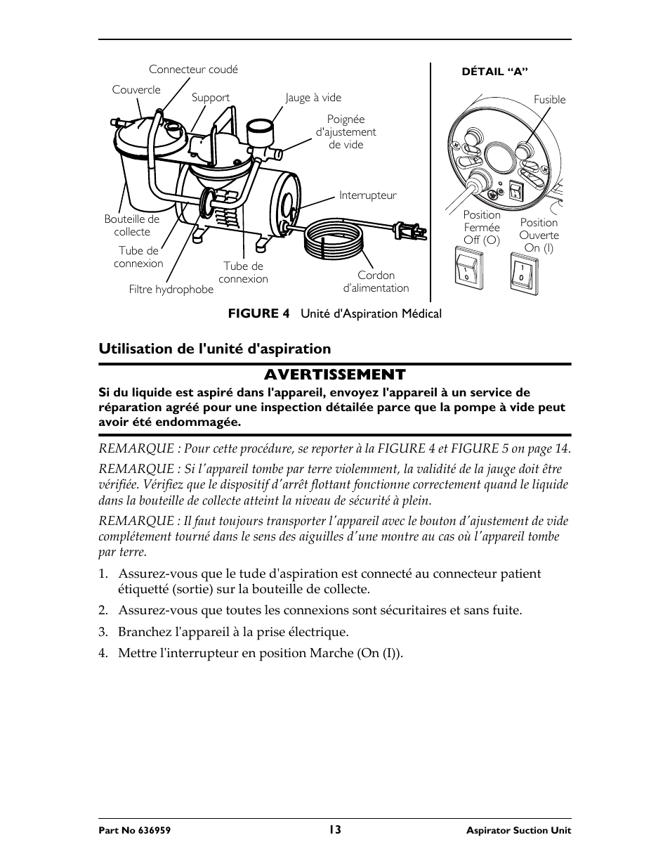 Poignée d'ajustement de vide, Figure 4 unité d'aspiration médical, Utilisation de l'unité d'aspiration | Avertissement, Branchez l'appareil à la prise électrique, Mettre l'interrupteur en position marche (on (i)), Utilisation de l'unité d'aspiration avertissement | Invacare 636959 User Manual | Page 13 / 32