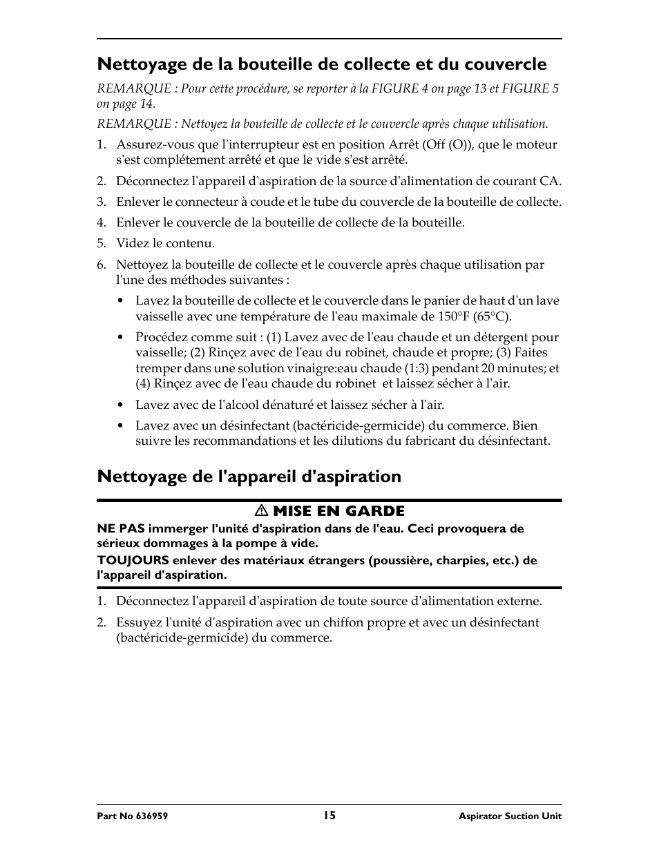 Videz le contenu, Nettoyage de l'appareil d'aspiration, M mise en garde | Invacare 636959 User Manual | Page 15 / 32