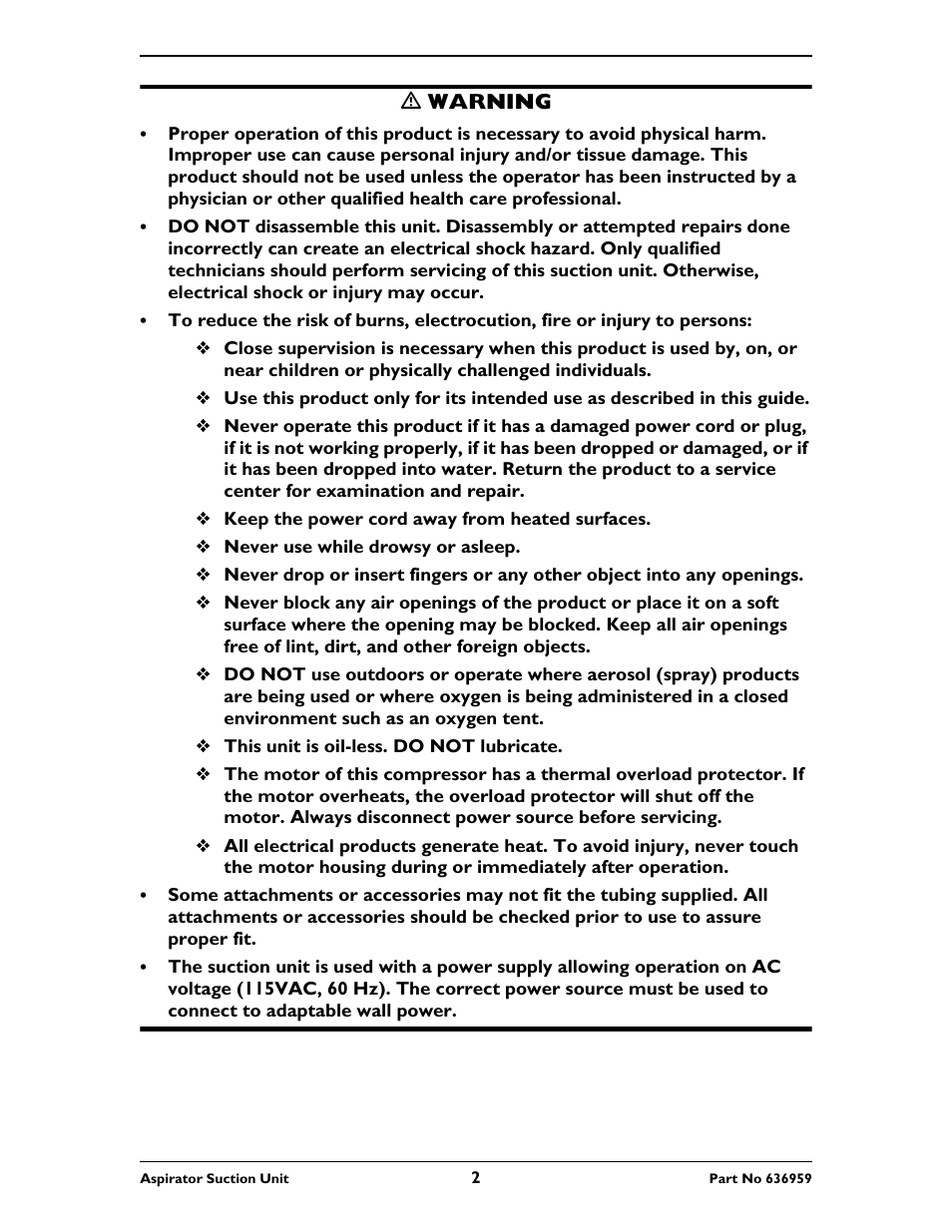 M warning, Keep the power cord away from heated surfaces, Never use while drowsy or asleep | This unit is oil-less. do not lubricate | Invacare 636959 User Manual | Page 2 / 32