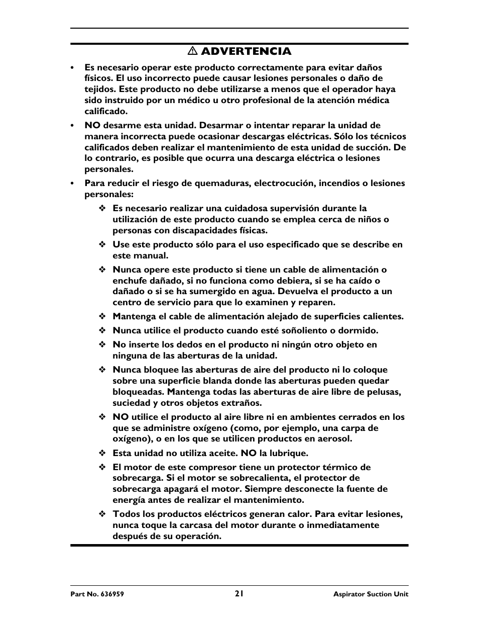 M advertencia, Esta unidad no utiliza aceite. no la lubrique | Invacare 636959 User Manual | Page 21 / 32