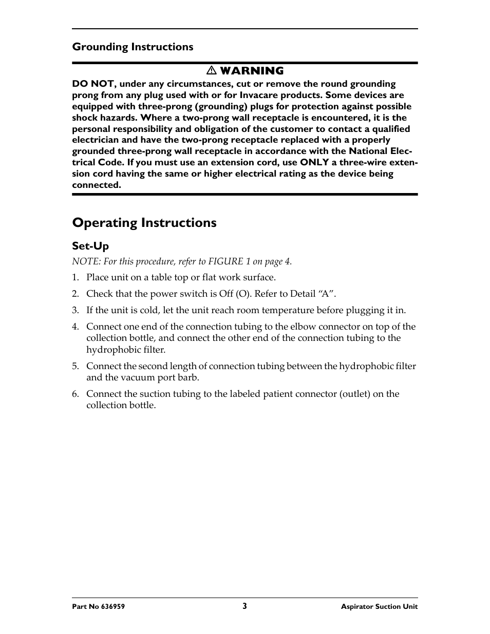 Grounding instructions, M warning, Operating instructions | Set-up, Place unit on a table top or flat work surface | Invacare 636959 User Manual | Page 3 / 32