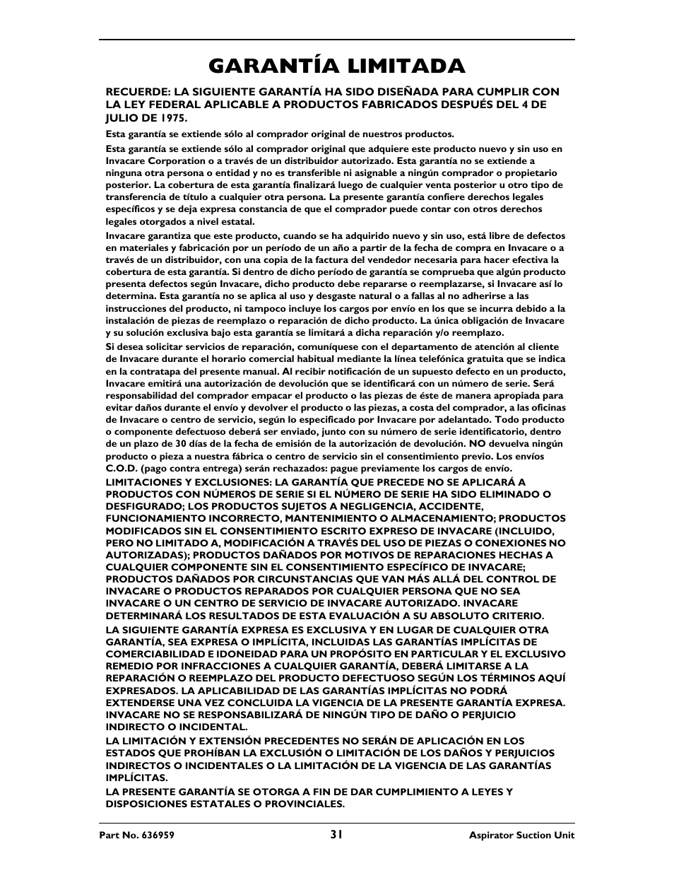 Garantía limitada | Invacare 636959 User Manual | Page 31 / 32