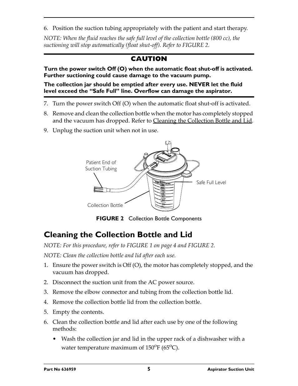 Caution, Unplug the suction unit when not in use, Patient end of suction tubing | Figure 2 collection bottle components, Cleaning the collection bottle and lid, Empty the contents | Invacare 636959 User Manual | Page 5 / 32