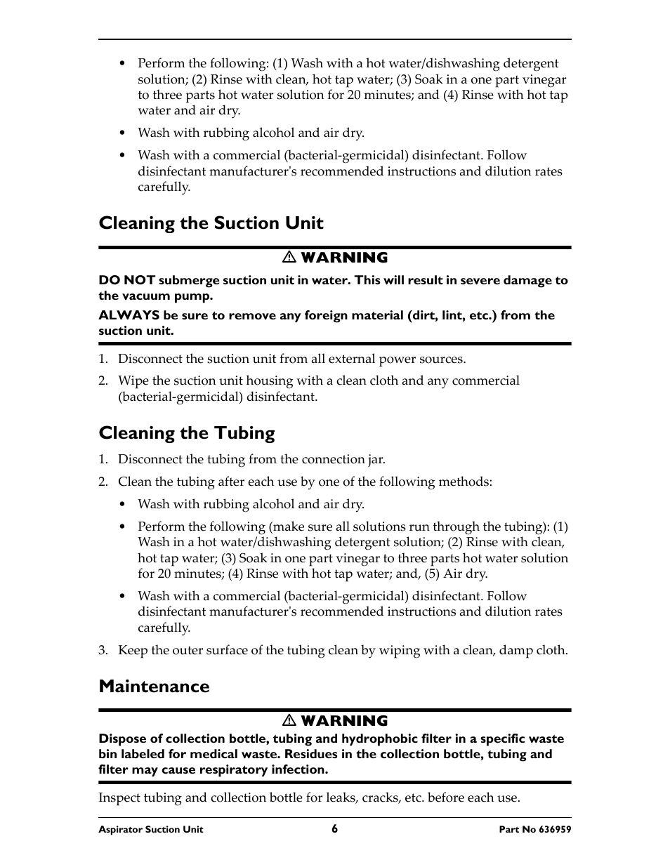 Wash with rubbing alcohol and air dry, Cleaning the suction unit, M warning | Cleaning the tubing, Disconnect the tubing from the connection jar, Maintenance | Invacare 636959 User Manual | Page 6 / 32