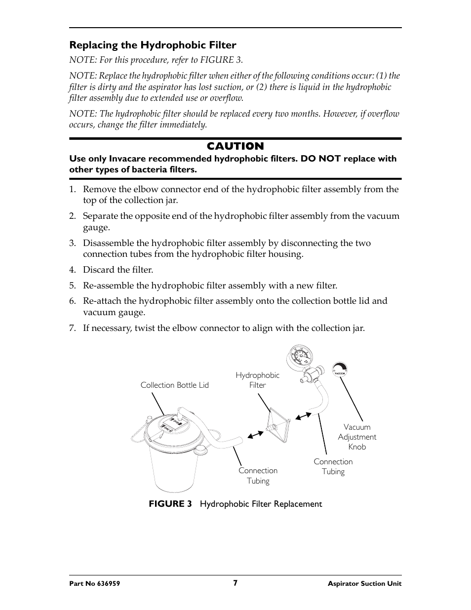 Replacing the hydrophobic filter, Note: for this procedure, refer to figure 3, Caution | Discard the filter, Hydrophobic filter, Figure 3 hydrophobic filter replacement | Invacare 636959 User Manual | Page 7 / 32