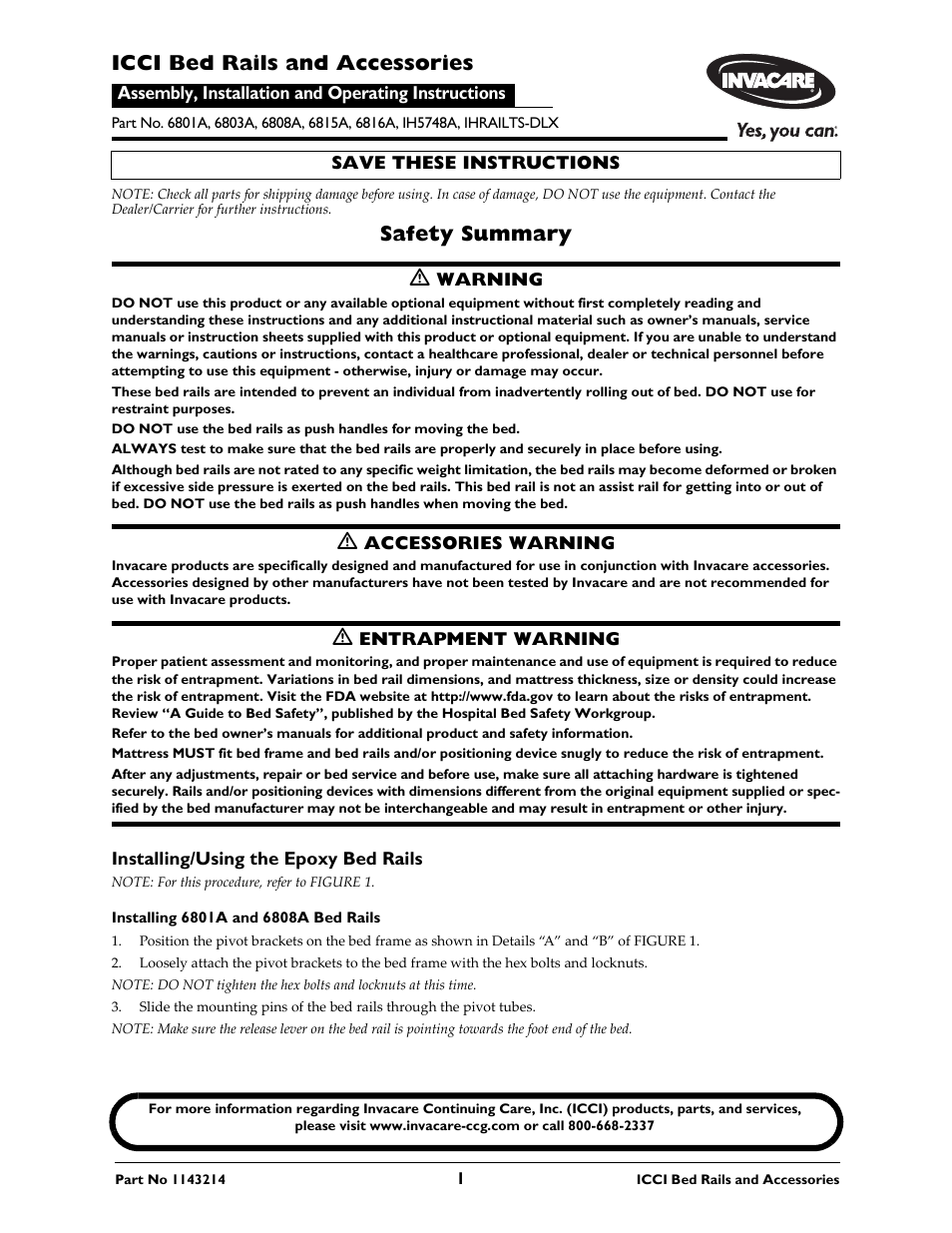 Invacare ICCG 6803A User Manual | 12 pages