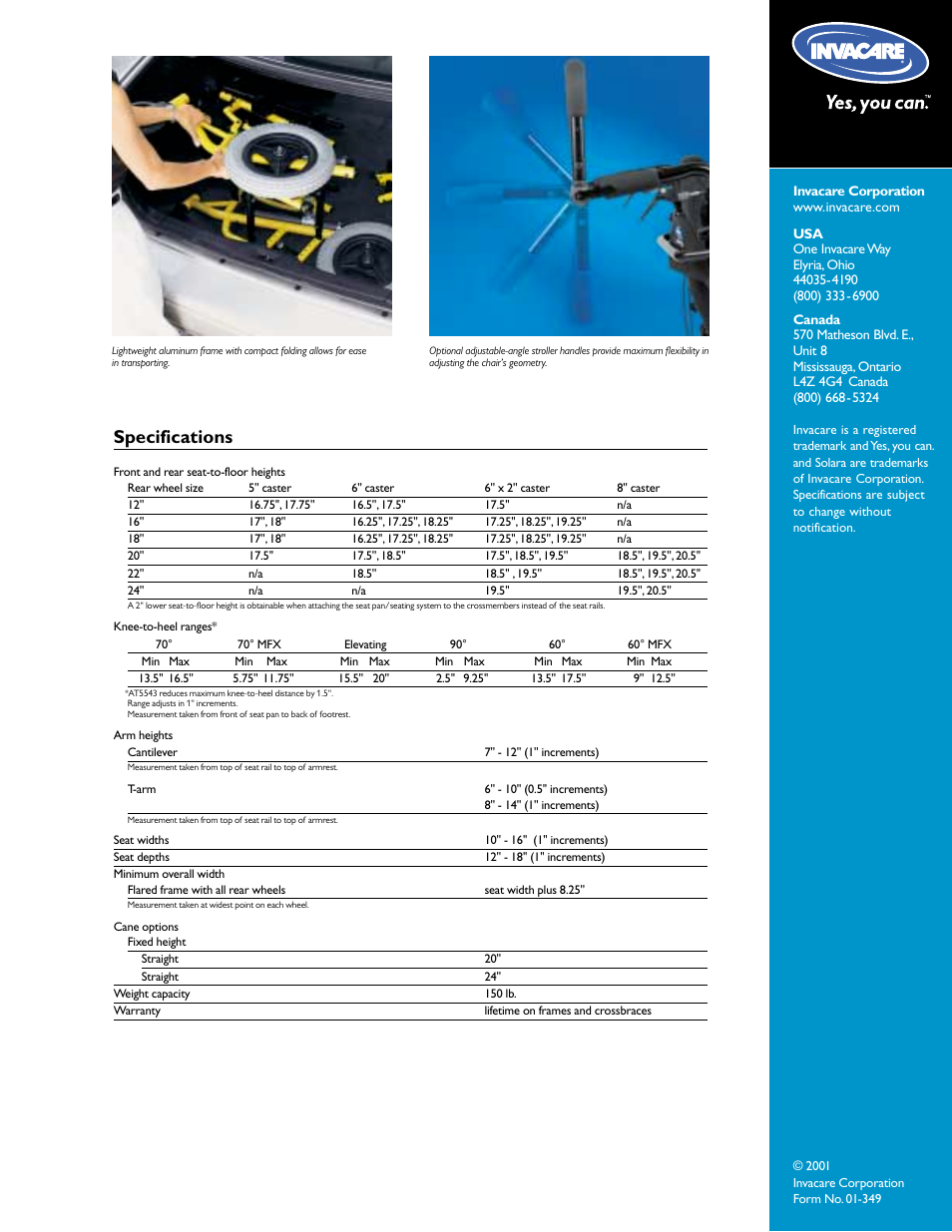 Specifications | Invacare 01-349 User Manual | Page 3 / 4