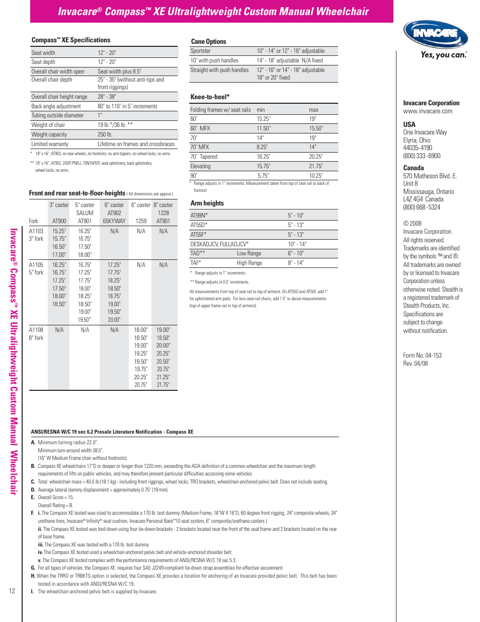 Invacare, Compass, Xe ultralightweight custom manual wheelchair | Invacare Compass XE User Manual | Page 12 / 12