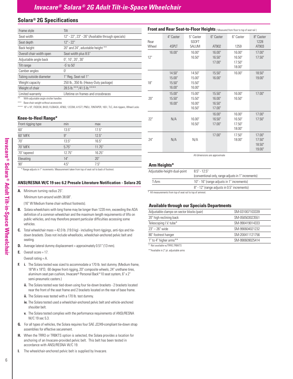 Invacare, 2g adult tilt-in-space wheelchair, Solara | 2g specifications, Adult t ilt-in-space wheelchair | Invacare Compass XE User Manual | Page 6 / 12