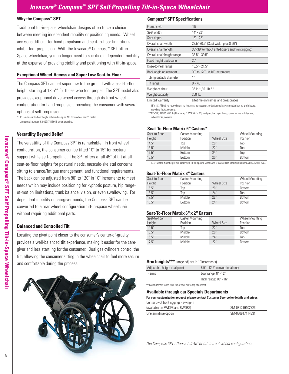 Invacare, Compass, Spt self propelling tilt-in-space wheelchair | Spt self propelling t ilt-in-space wheelchair | Invacare Compass XE User Manual | Page 8 / 12